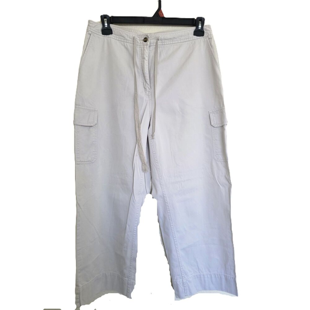 Women's Cargo Pants Size 14 Khaki Cropped Casual Mid Rise Twill Utility - Picture 2 of 9